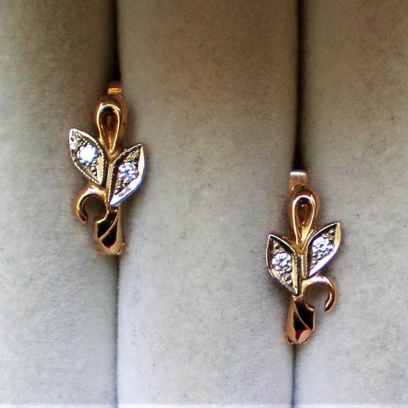 Vintage Russian USSR 14K 585 Rose Pink White Gold CZ Cluster Leaf EARRINGS - Picture 7 of 7